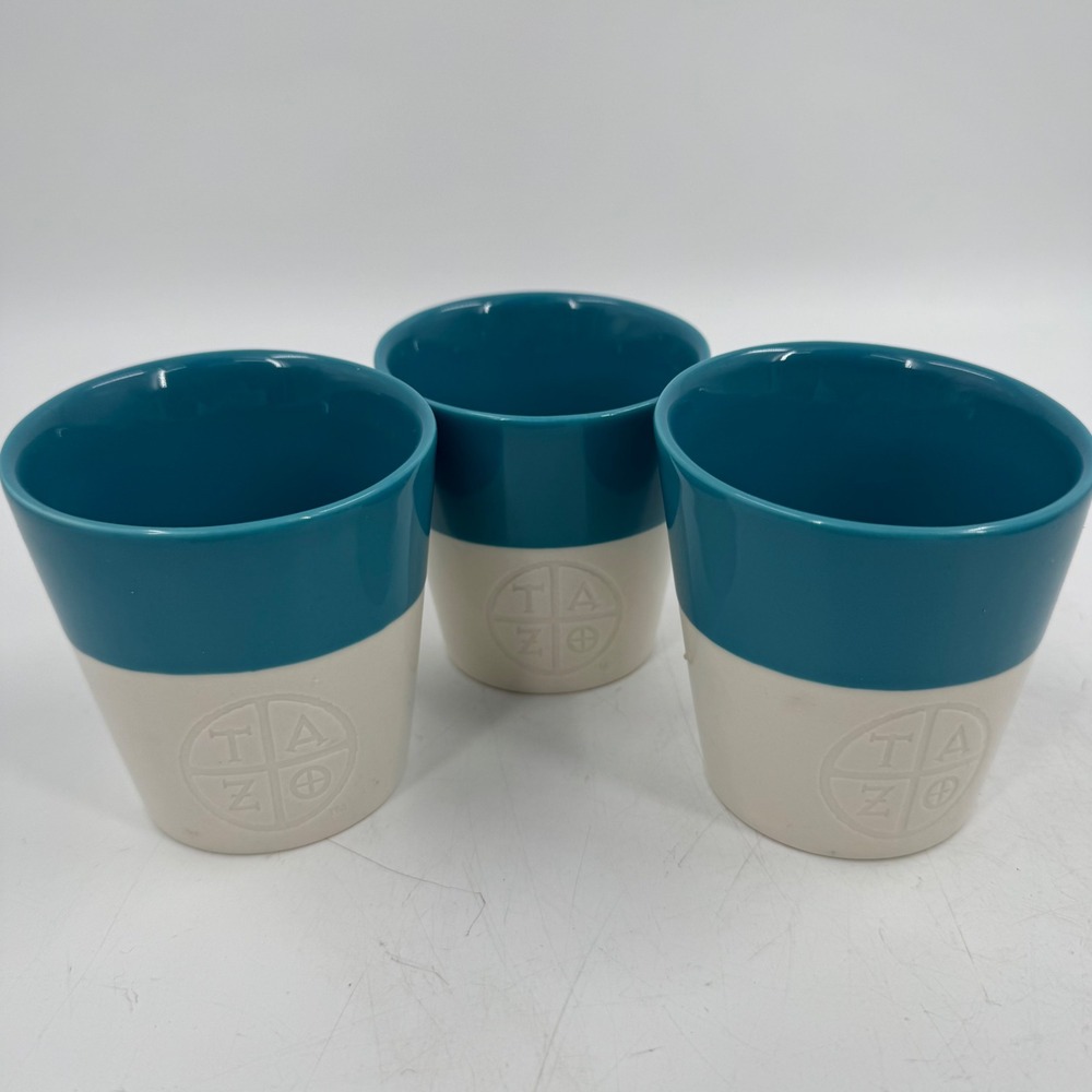 Starbucks TAZO Tea Tumblers Cups Set of 3 Teal Cream Ceramic 2012‎